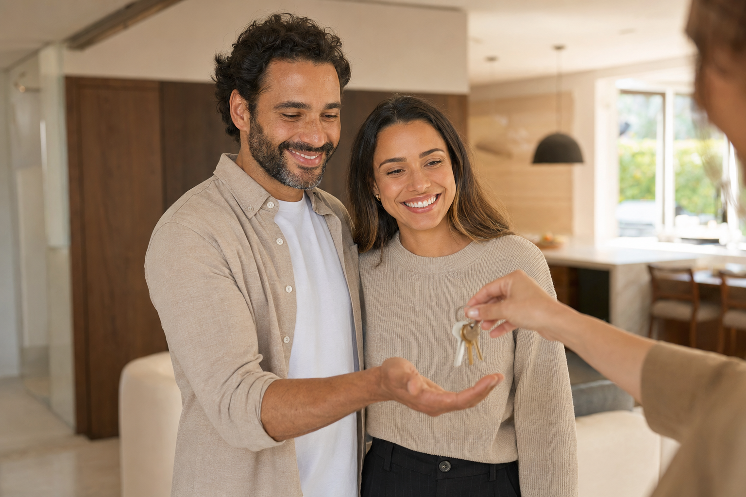 Casal feliz recebendo as chaves do novo lar